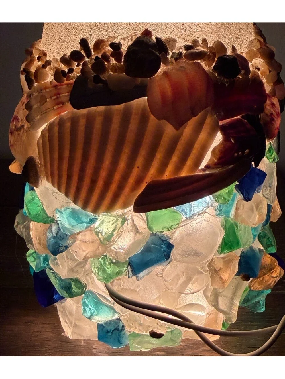 Handmade Sea Glass Wine Bottle Lamp Beach Coastal Decor Seashell Night Light